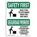 Signmission OSHA Sign, Don't Try To Lift More Than Bilingual, 18in X 12in Decal, 12" W, 18" L, Landscape OS-SF-D-1218-L-10768